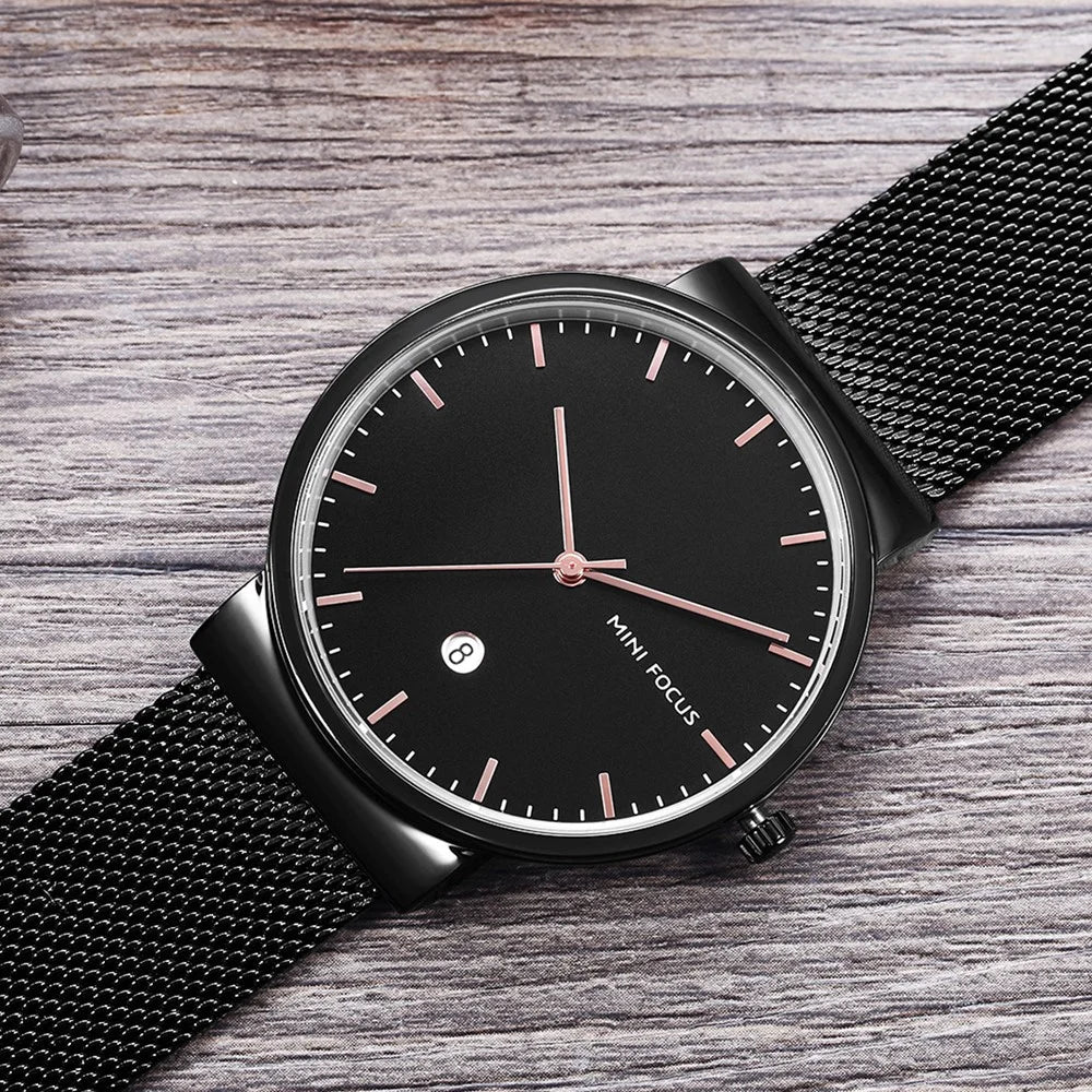 MINI FOCUS Men Quartz Watch Calendar Waterproof Breathable Metal Strap Men Wristwatch - Black - 4