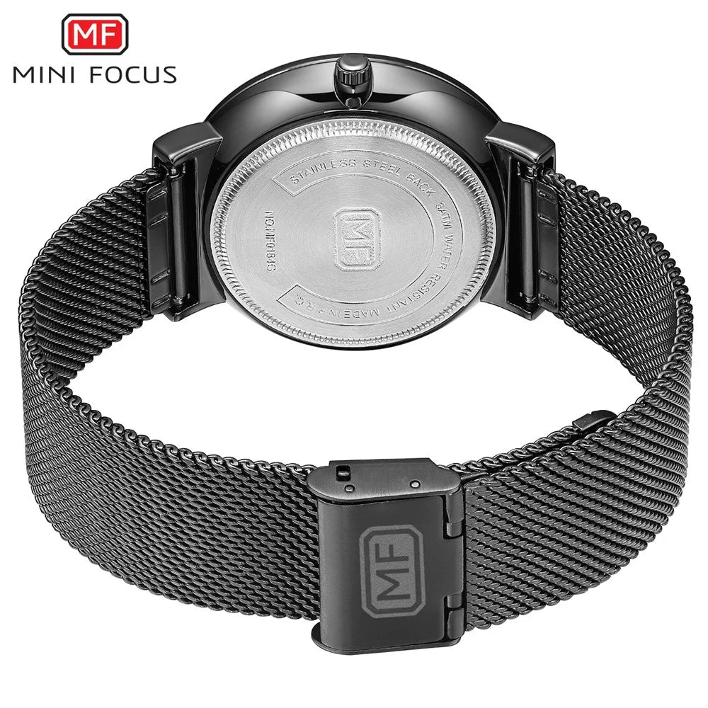 MINI FOCUS Men Quartz Watch Calendar Waterproof Breathable Metal Strap Men Wristwatch - Black - 5