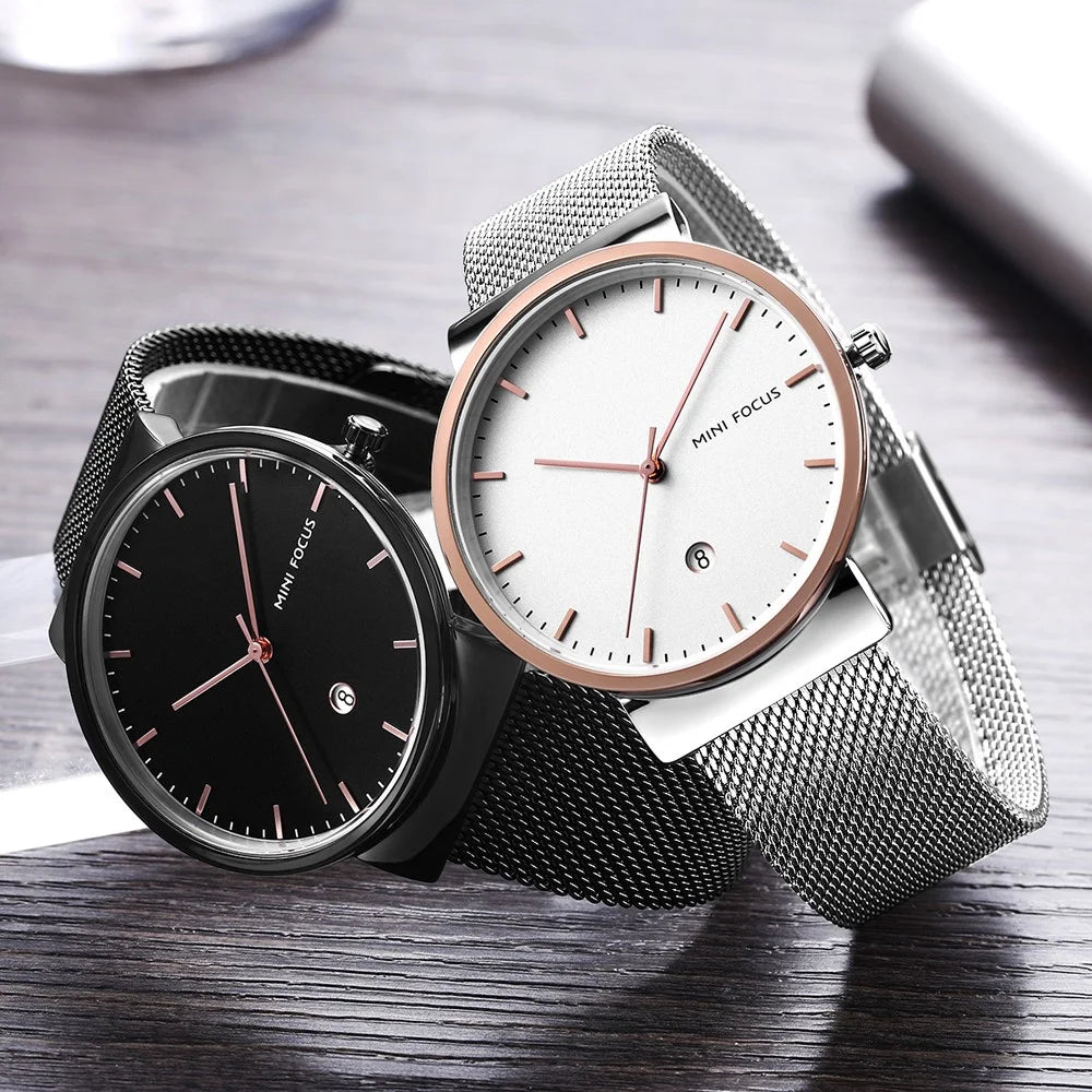 MINI FOCUS Men Quartz Watch Calendar Waterproof Breathable Metal Strap Men Wristwatch - Black - 6