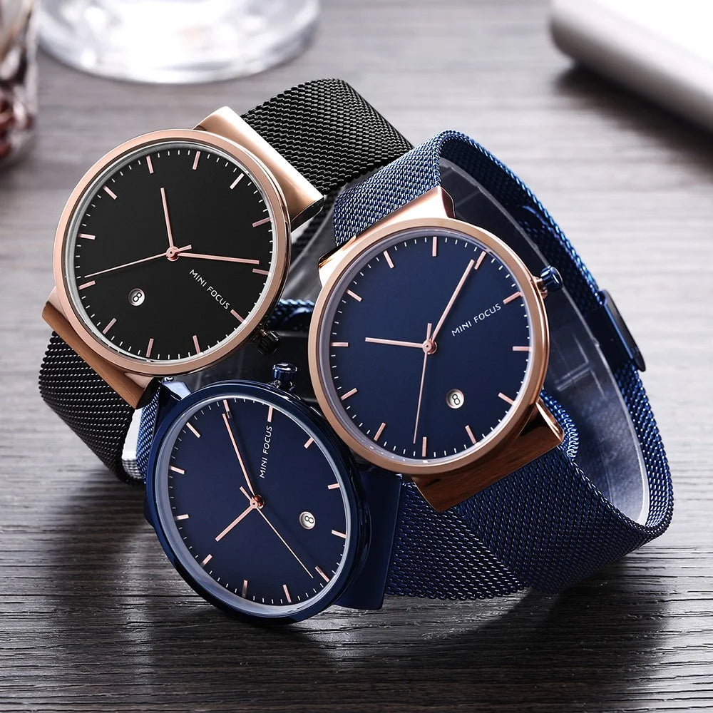 MINI FOCUS Men Quartz Watch Calendar Waterproof Breathable Metal Strap Men Wristwatch - Black - 7