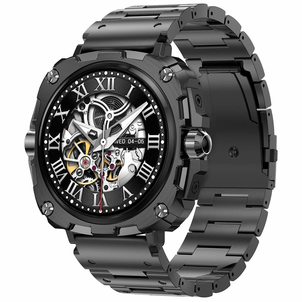 AK71 1.43-inch Touch Screen Waterproof Smart Watch Heart Rate Monitor Sports Watch, Steel Strap - Black - 1