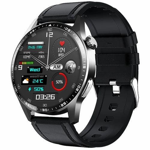 F400 Non-Invasive Blood Sugar Smart Watch ECG Blood Pressure Monitor Bluetooth-compatible Call Sports Watch, Leather Strap - Black - 1