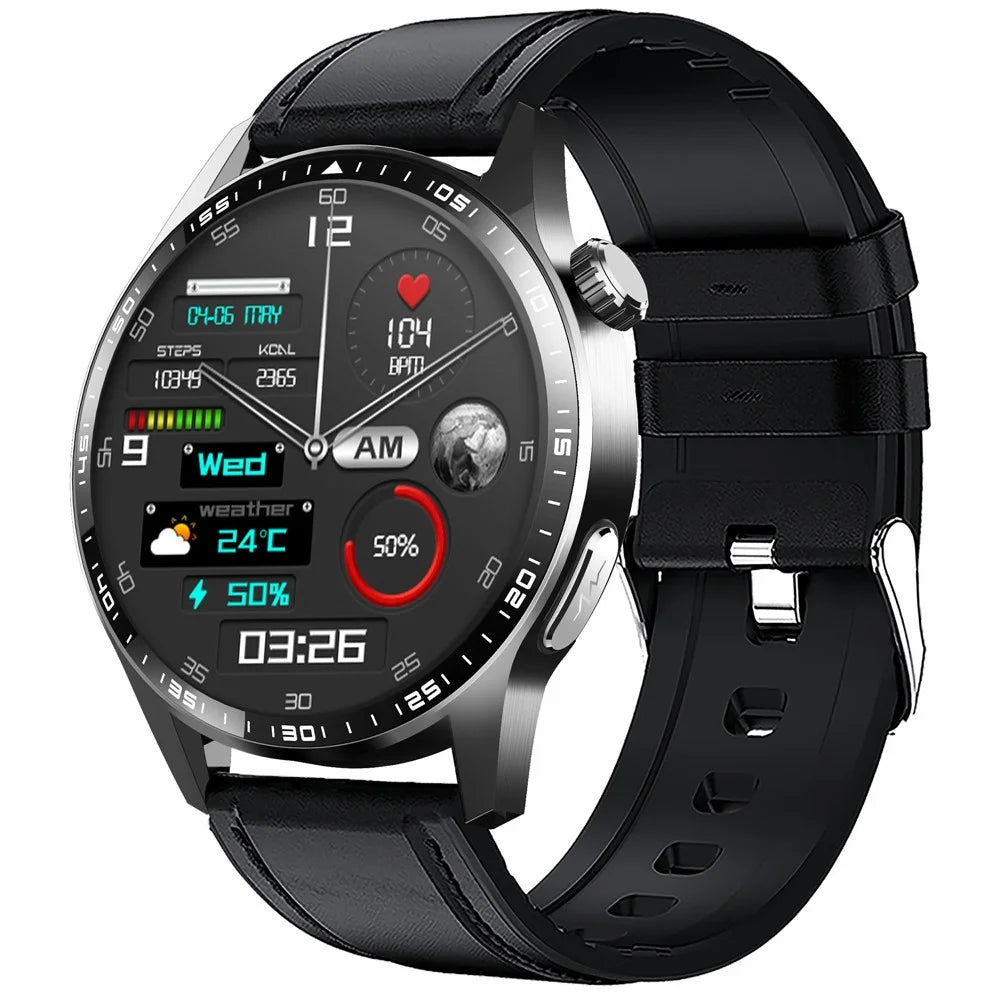F400 Non-Invasive Blood Sugar Smart Watch ECG Blood Pressure Monitor Bluetooth-compatible Call Sports Watch, Leather Strap - Black - 1