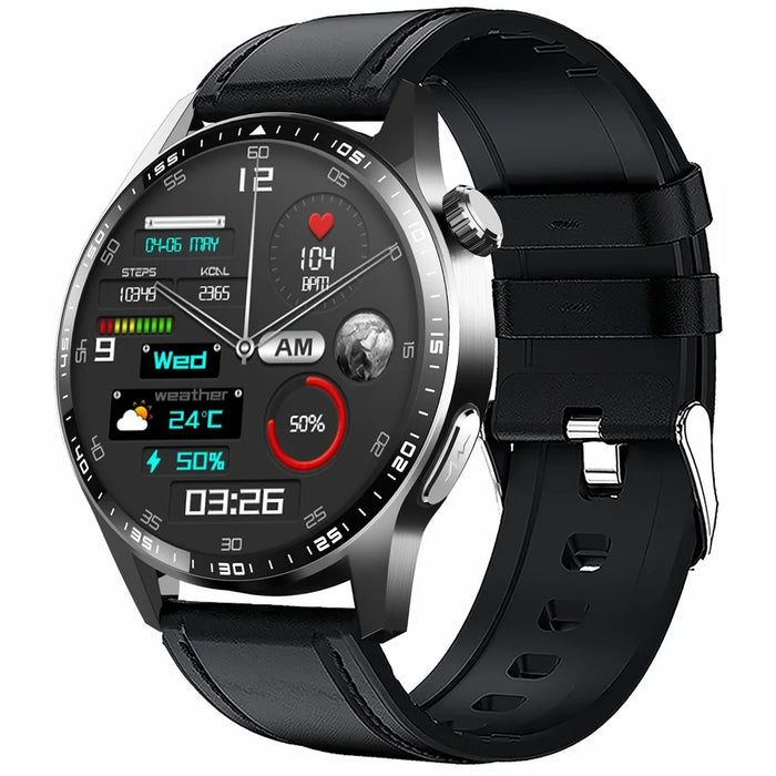 F400 Non-Invasive Blood Sugar Smart Watch ECG Blood Pressure Monitor Bluetooth-compatible Call Sports Watch, Leather Strap - Black - 1