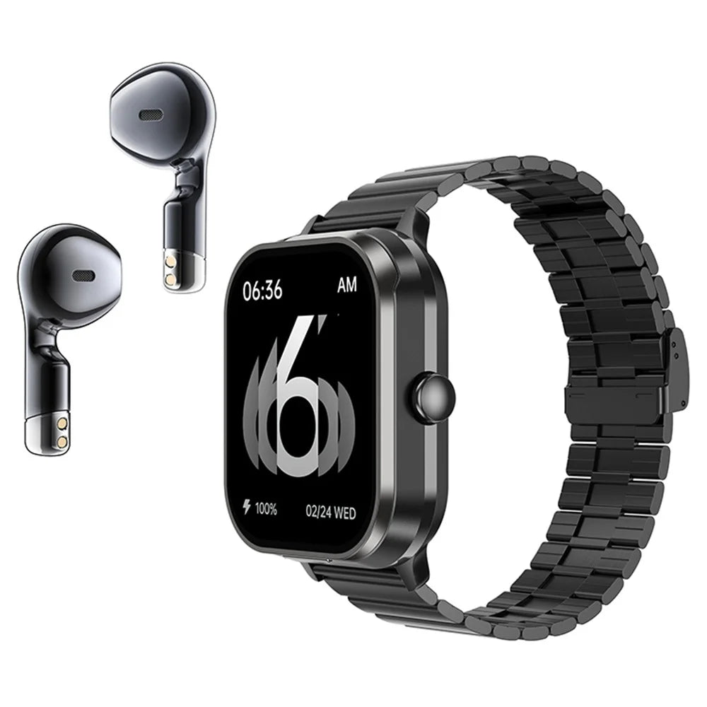 D8 Pro 2-in-1 Bluetooth-compatible TWS Earphone Health Monitoring Bluetooth-compatible Calling Smart Watch, Steel Strap - Black - 1