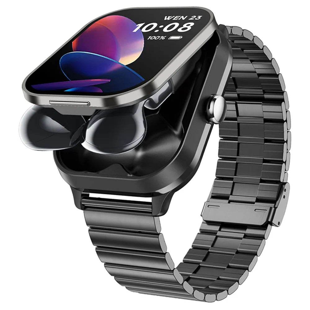 D8 Pro 2-in-1 Bluetooth-compatible TWS Earphone Health Monitoring Bluetooth-compatible Calling Smart Watch, Steel Strap - Black - 3