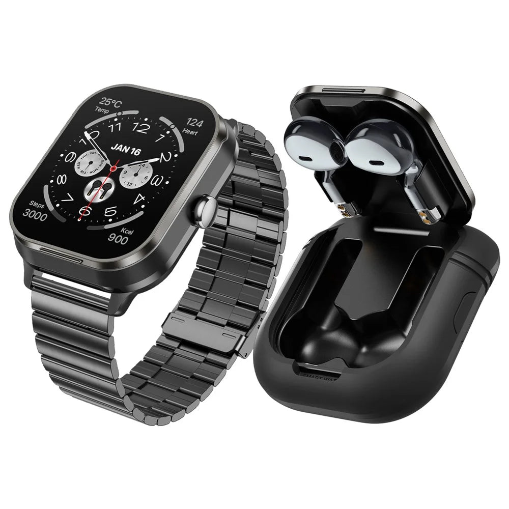 D8 Pro 2-in-1 Bluetooth-compatible TWS Earphone Health Monitoring Bluetooth-compatible Calling Smart Watch, Steel Strap - Black - 4