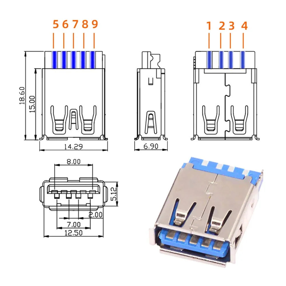 CN-024-FE USB 3.0 Type-A Female Socket Receptacle Connector Solder Type with Aluminum Alloy Shell for 6.0mm Cable - 3