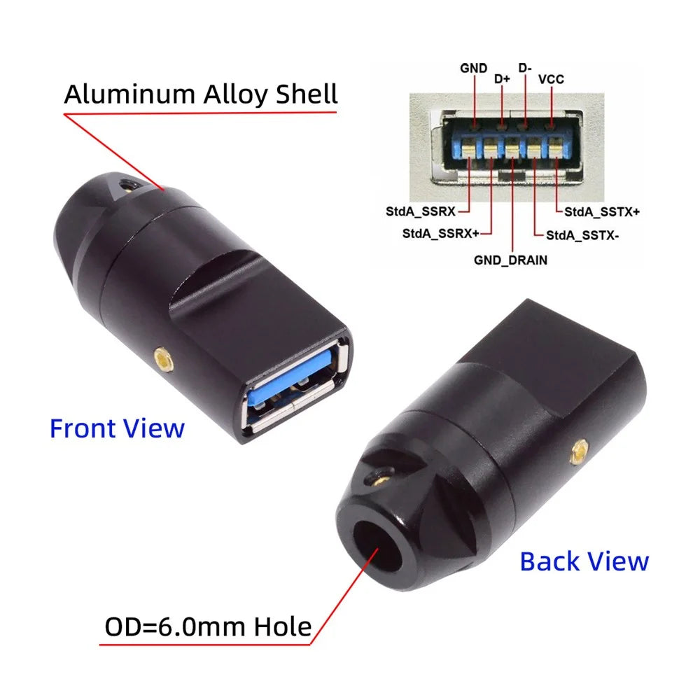CN-024-FE USB 3.0 Type-A Female Socket Receptacle Connector Solder Type with Aluminum Alloy Shell for 6.0mm Cable - 5