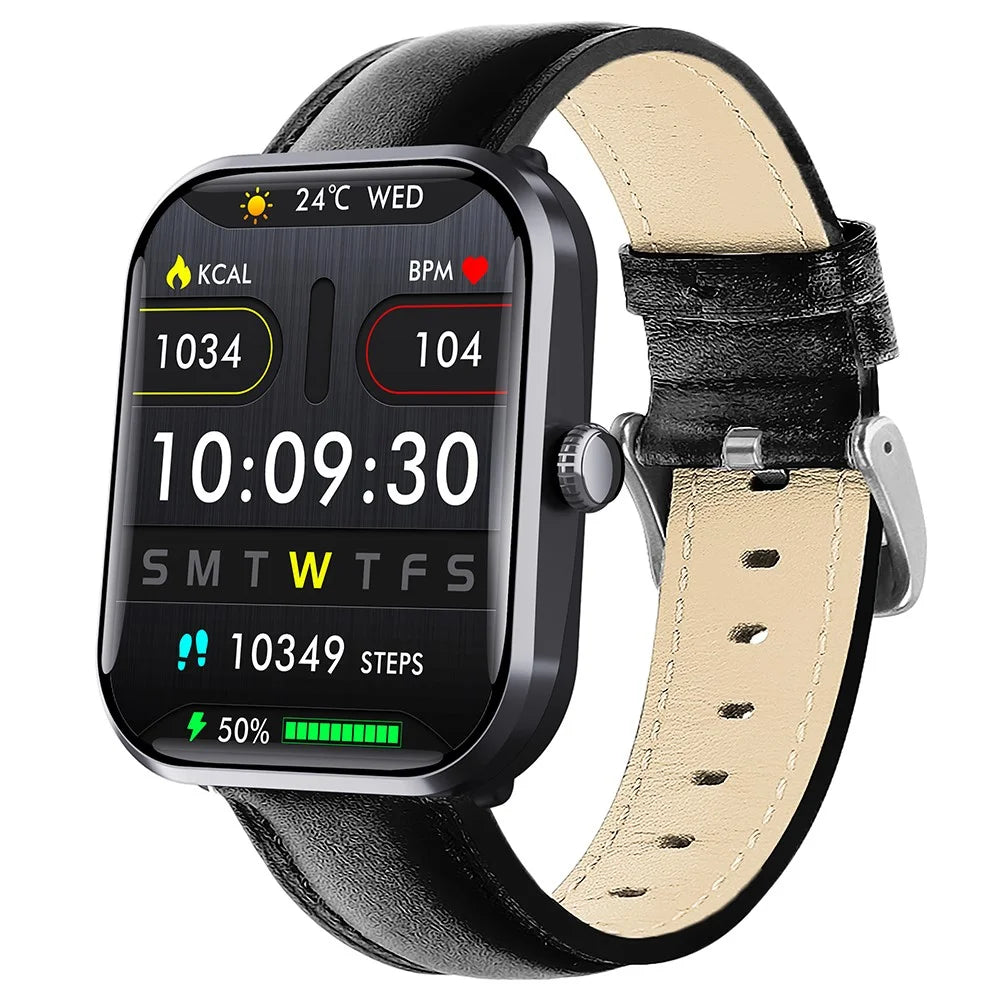 F96 Smart Watch SOS Bluetooth-compatible Call Bracelet Blood Sugar Monitoring Fitness Tracker (Leather Strap) - Black - 1