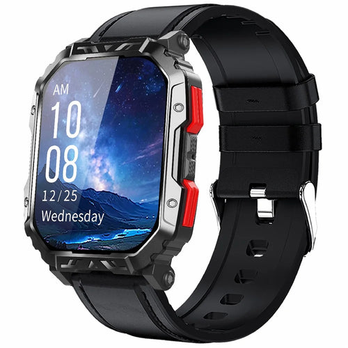 F407 Outdoor Waterproof Rugged Smart Watch Blood Sugar Heart Rate Monitor with Leather Strap - Black - 1