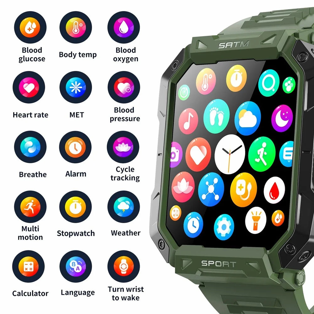 F307 Waterproof Rugged Smart Watch Bluetooth-compatible Call 2.1 inch Screen Sports Tracker Blood Sugar Monitor - Green - 6