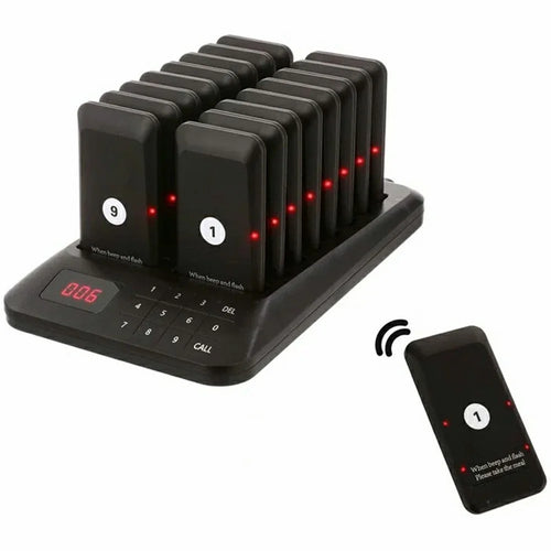 Wireless Restaurant Buzzer Pager 16 Beepers Queuing System for Guest Calling, EU Plug - Black - 1