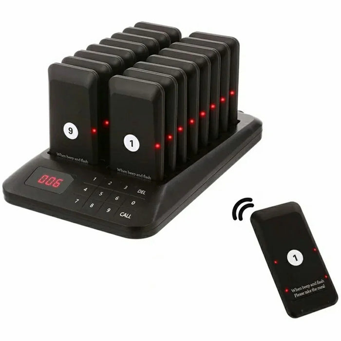 Wireless Restaurant Buzzer Pager 16 Beepers Queuing System for Guest Calling, EU Plug - Black - 1