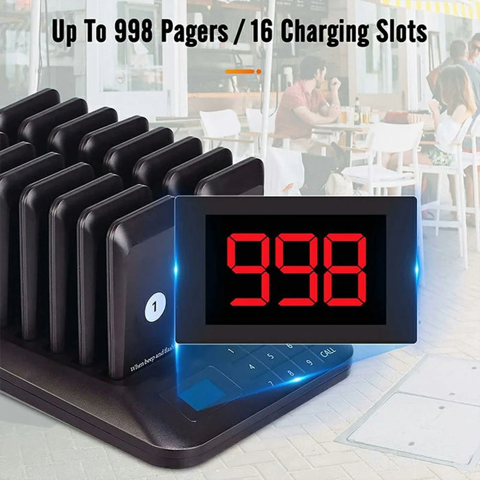 Wireless Restaurant Buzzer Pager 16 Beepers Queuing System for Guest Calling, EU Plug - Black - 2