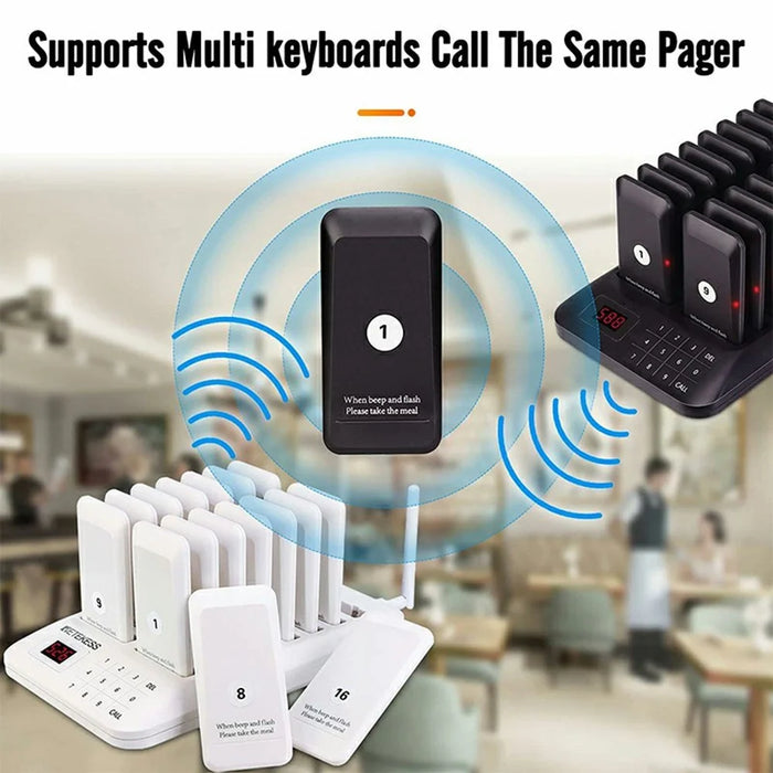 Wireless Restaurant Buzzer Pager 16 Beepers Queuing System for Guest Calling, EU Plug - Black - 5
