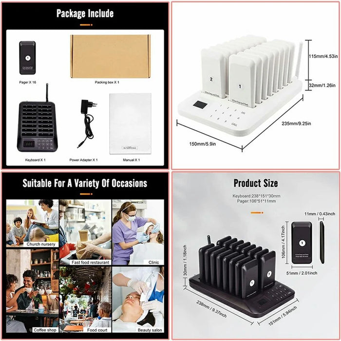Wireless Restaurant Buzzer Pager 16 Beepers Queuing System for Guest Calling, EU Plug - Black - 7