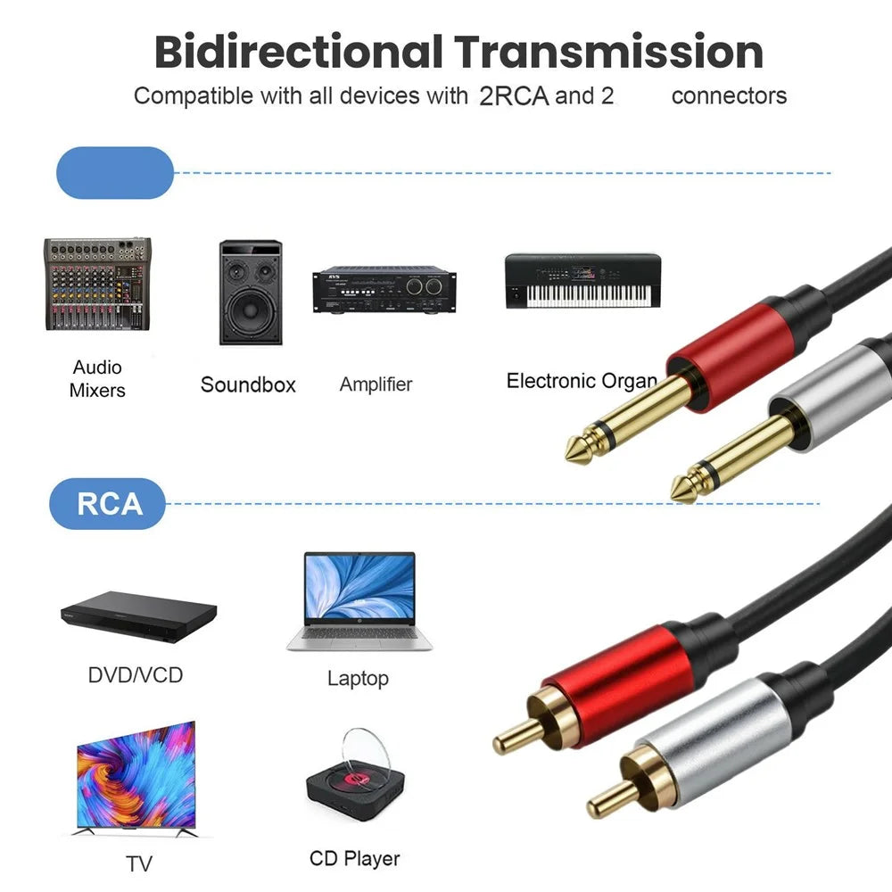 0.3m Dual 1 / 4 inch TS to Dual RCA Stereo Audio Cable 2x 6.35mm TS to RCA Male Adapter Wire - 5