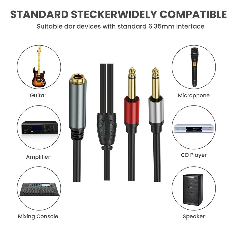 2m 6.35mm TRS Stereo Female to Dual 6.35mm Male TS Mono Jack Audio Speaker Splitter Cable - 6