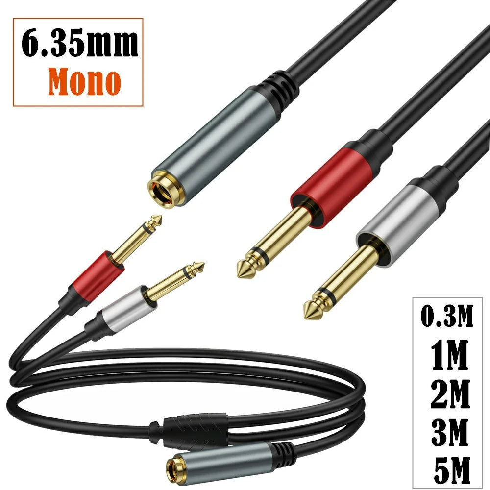 2m 6.35mm TRS Stereo Female to Dual 6.35mm Male TS Mono Jack Audio Speaker Splitter Cable - 7