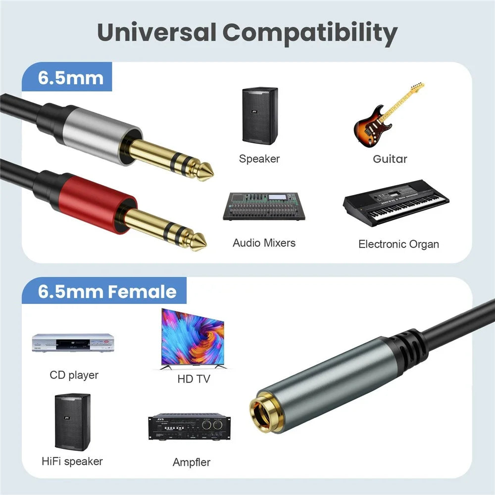 5m 6.35mm Female Jack to 2x 1 / 4 Inch Male Plug Stereo Audio Adapter Speaker Y Splitter Cable - 6