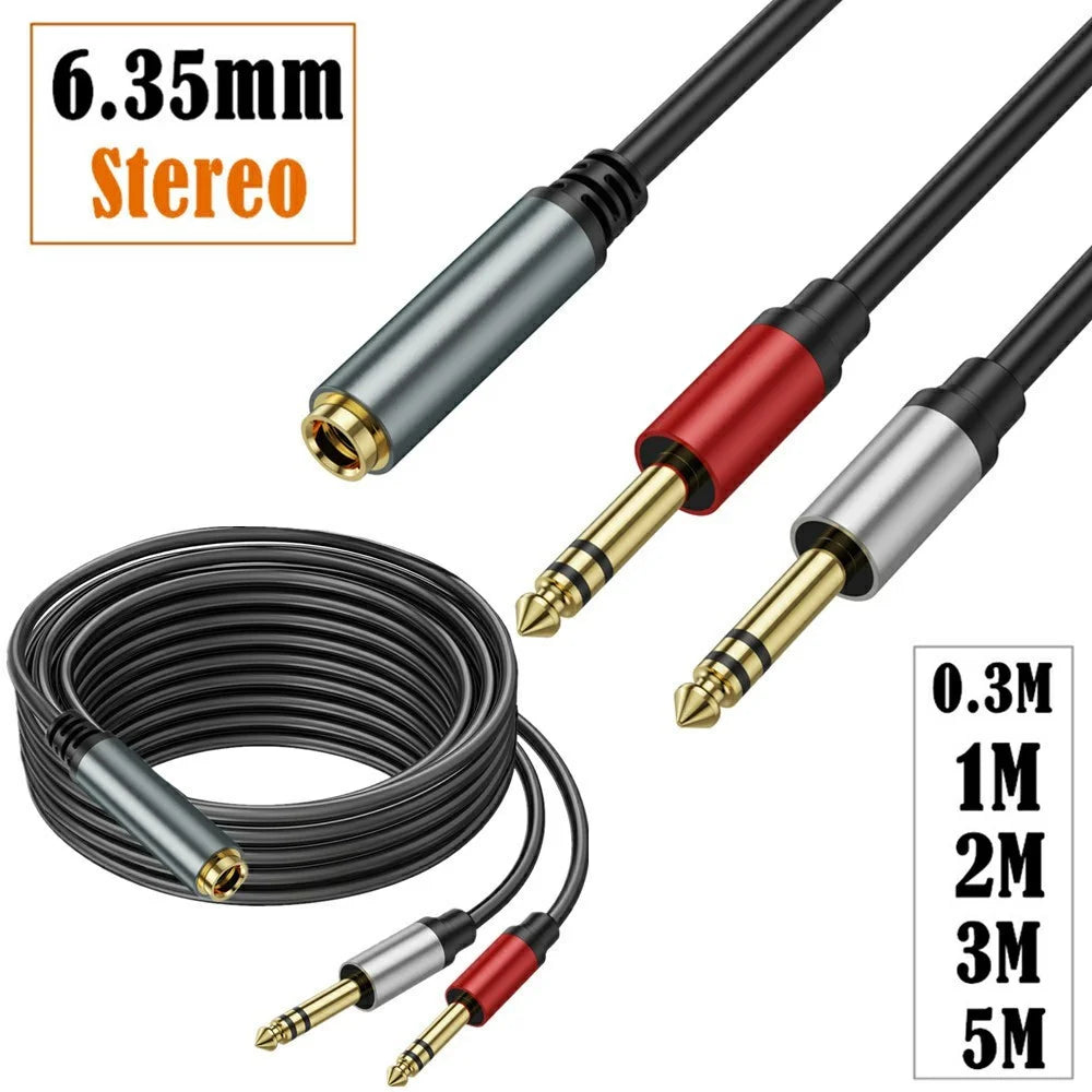5m 6.35mm Female Jack to 2x 1 / 4 Inch Male Plug Stereo Audio Adapter Speaker Y Splitter Cable - 7
