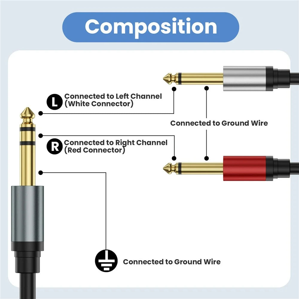 2m 1 / 4 Inch TRS Stereo Y-Splitter Cord 6.35mm Male Jack to Dual 6.35mm Male TS Mono Audio Cable - 4