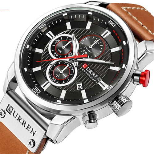 CURREN Men's Fashionable Watch 6-Pin Quartz Watch Leather Strap Automatic Date Indicator Watch - White/Black - 1