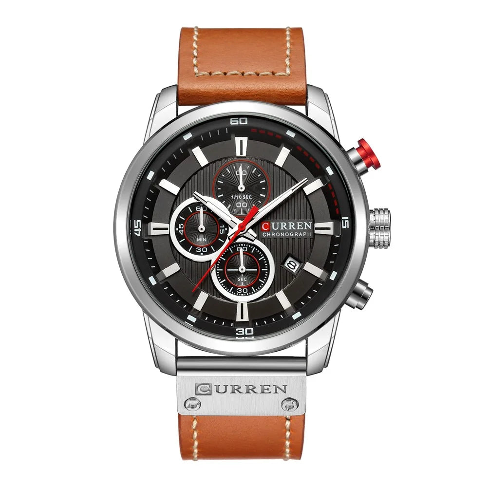 CURREN Men's Fashionable Watch 6-Pin Quartz Watch Leather Strap Automatic Date Indicator Watch - White/Black - 2