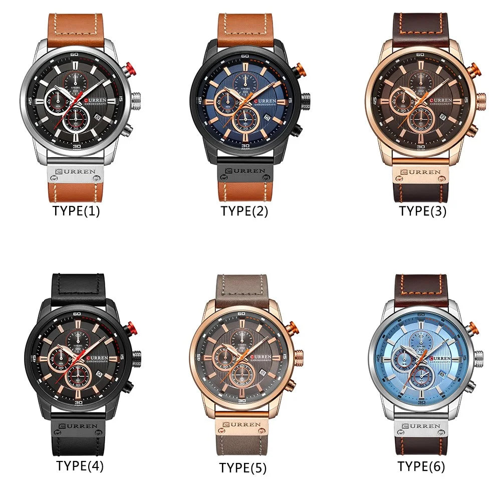 CURREN Men's Fashionable Watch 6-Pin Quartz Watch Leather Strap Automatic Date Indicator Watch - White/Black - 3
