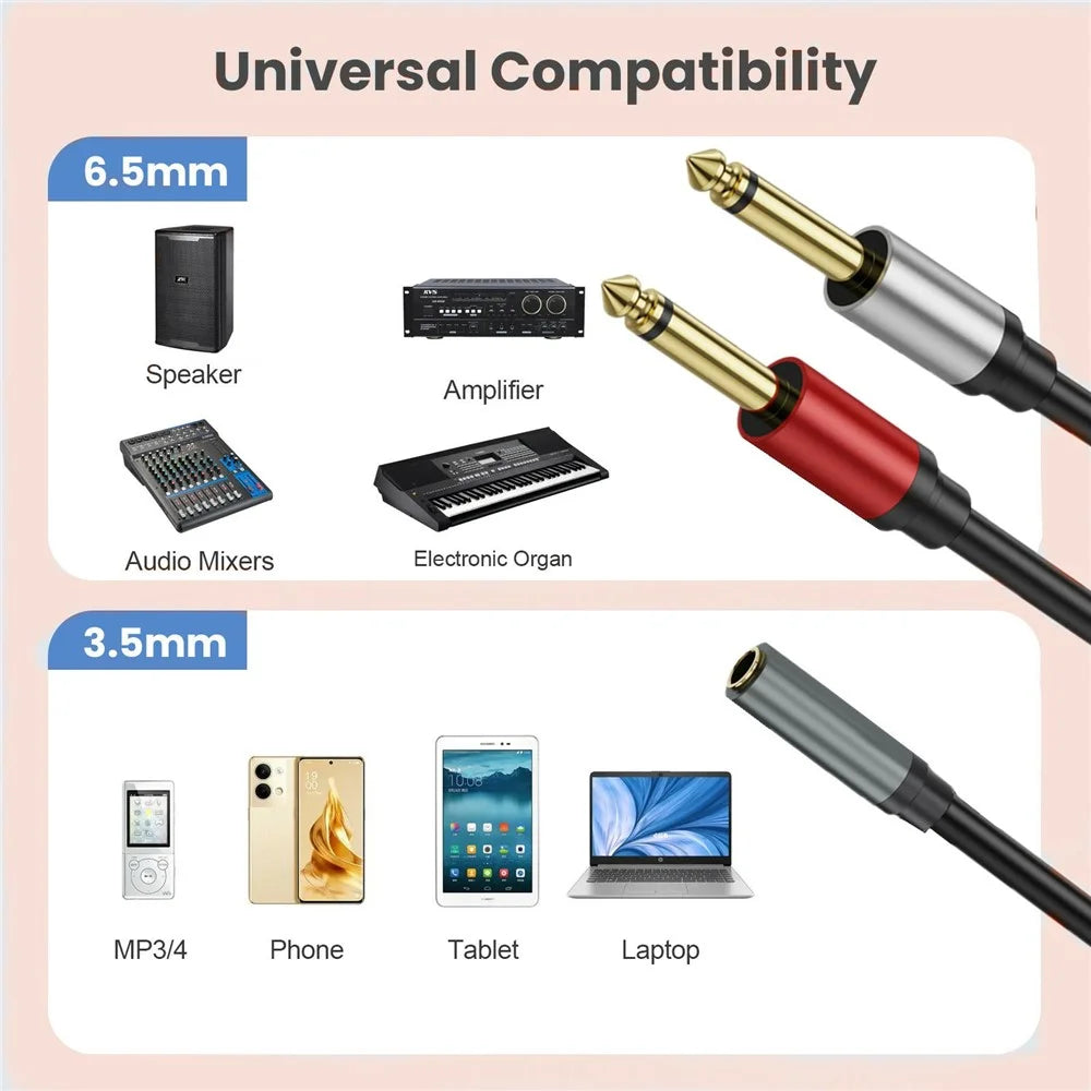 1m 6.35mm Stereo Female TRS to Dual 1 / 4 Inch Male Mono Y Splitter Breakout Cable Patch Cord - 6
