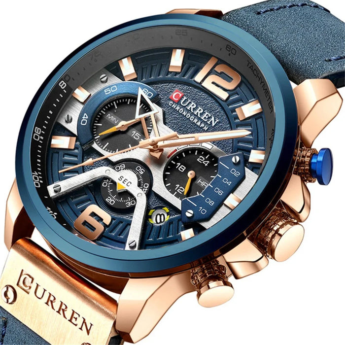 CURREN Men's Watch Sports Watch Waterproof Wristwatch Casual Leather Strap Watch - Blue - 2