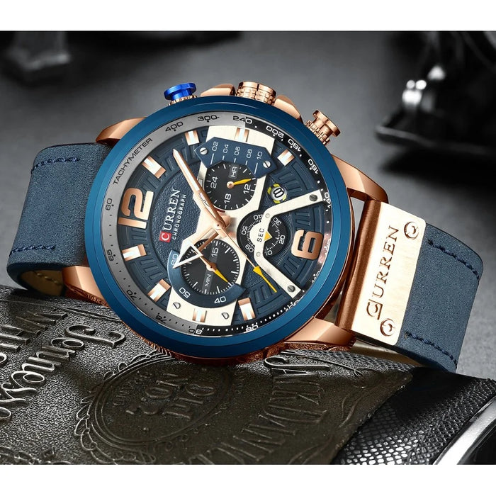 CURREN Men's Watch Sports Watch Waterproof Wristwatch Casual Leather Strap Watch - Blue - 4