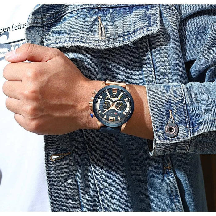 CURREN Men's Watch Sports Watch Waterproof Wristwatch Casual Leather Strap Watch - Blue - 5