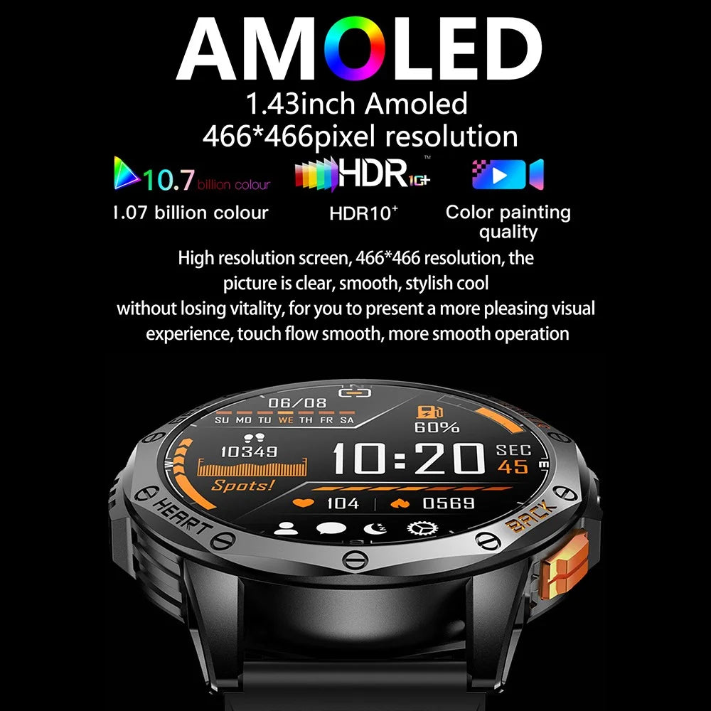 K67 GPS Smart Watch with Flashlight 1.43-inch AMOLED Screen Fitness Tracker Support Compass - Black - 5