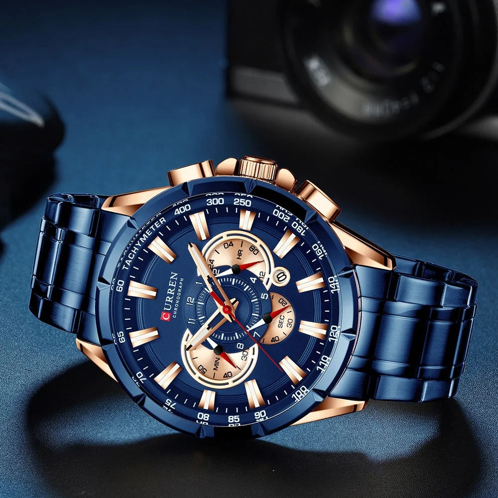 CURREN M8363 Multi-function Waterproof Men Quartz Watch Stainless Steel Strap Bussiness Style Men Wristwatch - Blue/Gold - 1
