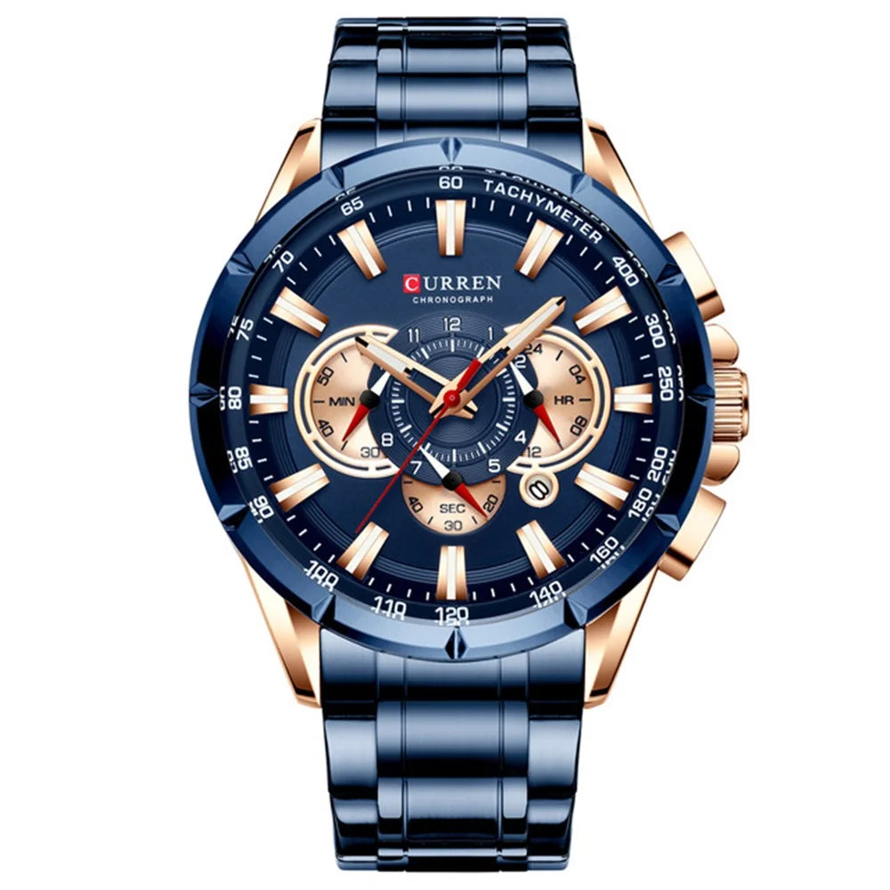 CURREN M8363 Multi-function Waterproof Men Quartz Watch Stainless Steel Strap Bussiness Style Men Wristwatch - Blue/Gold - 2