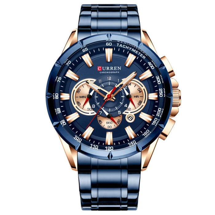 CURREN M8363 Multi-function Waterproof Men Quartz Watch Stainless Steel Strap Bussiness Style Men Wristwatch - Blue/Gold - 2