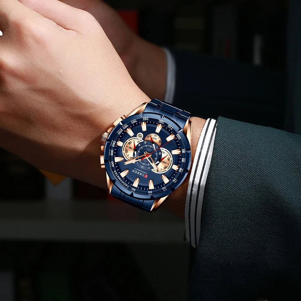 CURREN M8363 Multi-function Waterproof Men Quartz Watch Stainless Steel Strap Bussiness Style Men Wristwatch - Blue/Gold - 3
