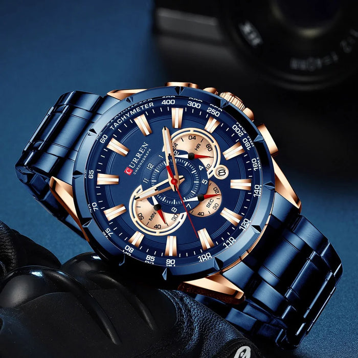 CURREN M8363 Multi-function Waterproof Men Quartz Watch Stainless Steel Strap Bussiness Style Men Wristwatch - Blue/Gold - 4