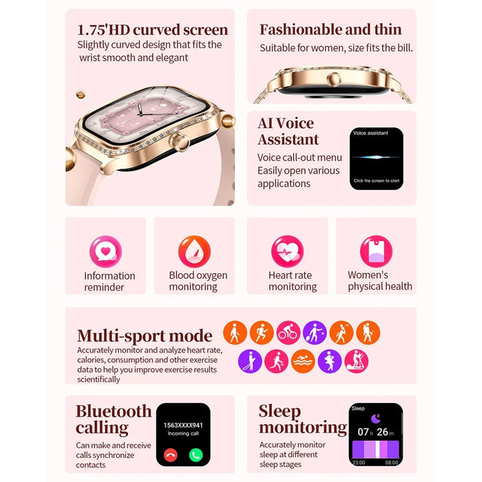 MK88 Silicone Strap 1.75-inch Women Rhinestones Smart Watch Bluetooth-compatible Calling Fitness Tracker Smart Bracelet - Gold - 6