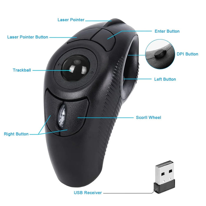 Y-10W Wireless USB Handheld Finger Trackball Mouse with Laser Pointer for Left / Right Hand (No Battery) - 7