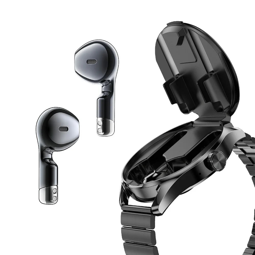 D9 Steel Strap Smart Watch with Earbuds Bluetooth-compatible 5.3 Heart Rate Monitor NFC Touch Screen Fitness Tracker - Black - 3