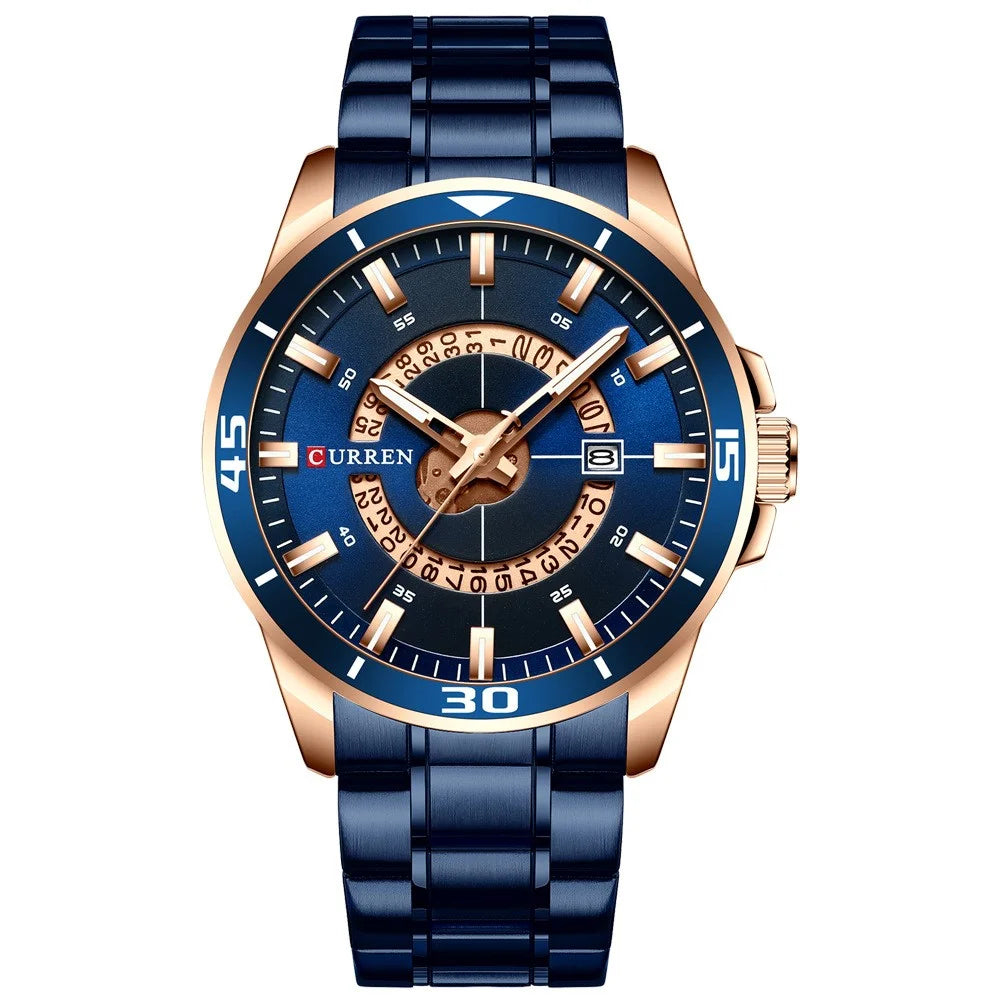 CURREN M8359 Bussiness Style Waterproof Men Quartz Watch Stainless Steel Strap Luminous Wristwatch - Gold/Blue - 1