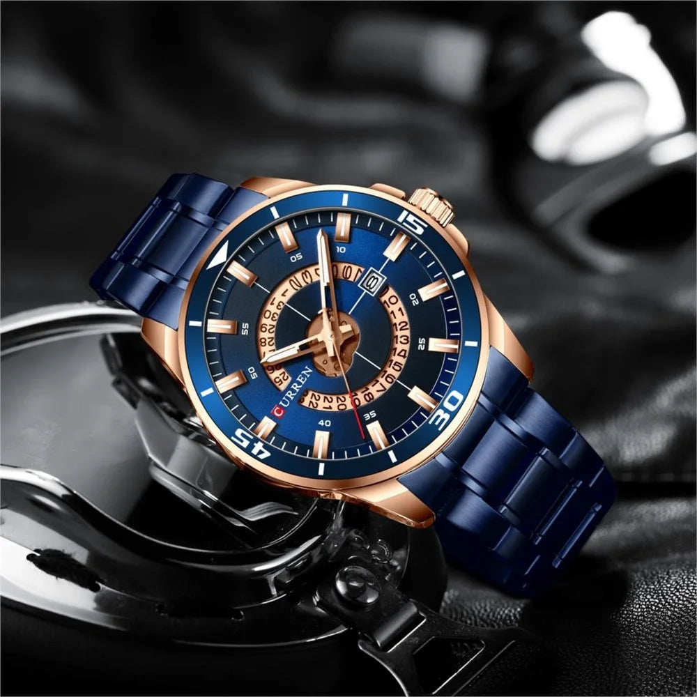 CURREN M8359 Bussiness Style Waterproof Men Quartz Watch Stainless Steel Strap Luminous Wristwatch - Gold/Blue - 2
