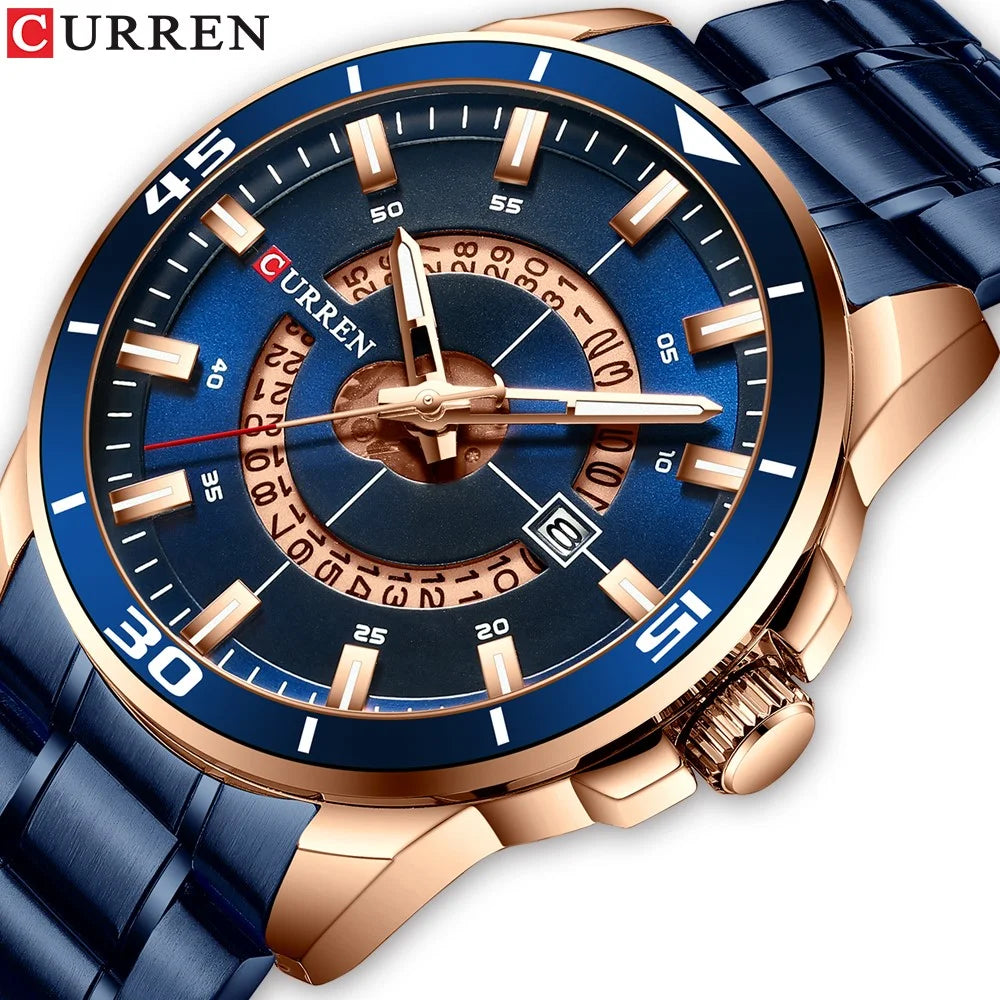 CURREN M8359 Bussiness Style Waterproof Men Quartz Watch Stainless Steel Strap Luminous Wristwatch - Gold/Blue - 4