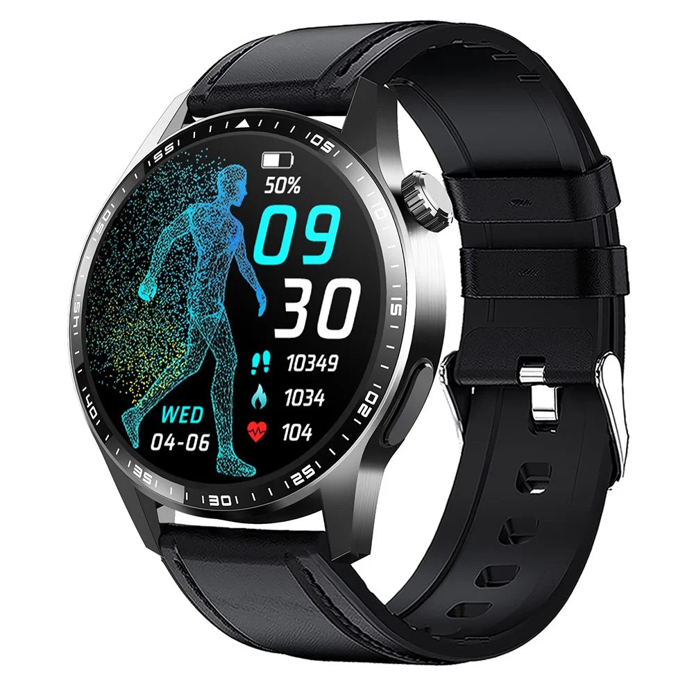 F60 1.55 Inch Round Screen Heart Rate Blood Oxygen Monitor SOS Alarm Sports Smart Watch with Leather Strap - Black - 1