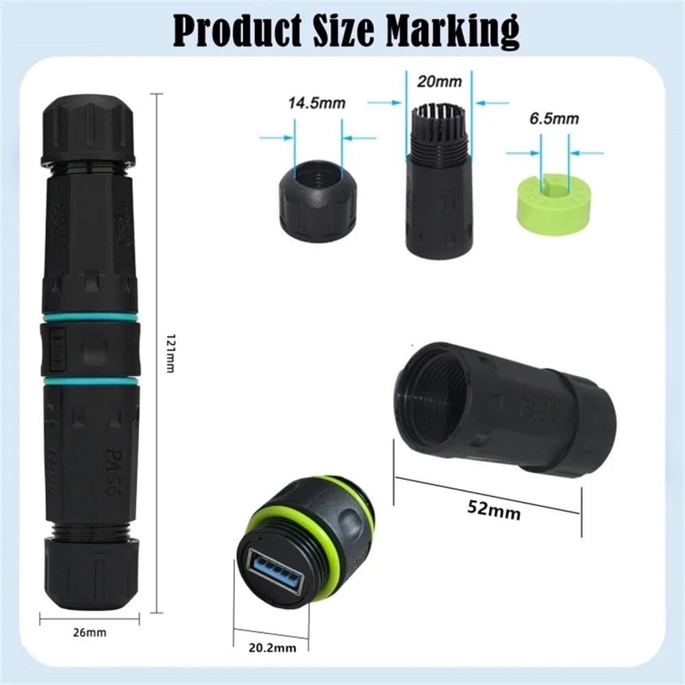 M20 5Gbps USB 3.0 Pass Through Coupler IP68 Waterproof Panel Mount Connector Extender Adapter - 6