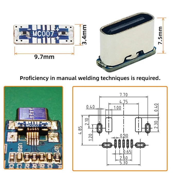 CN-037 5Pcs DIY Solder Type C Female Socket Connector Replace for Micro-USB 5Pin Female SMT Type DC 5V - 7