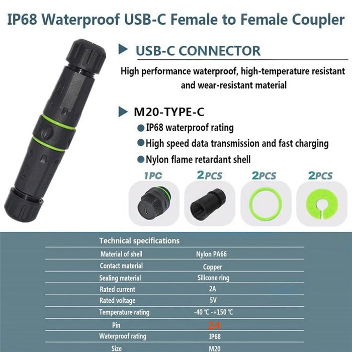 CN-038-CF M20 Locking IP68 Waterproof Type-C 10Gbps USB3.1 Female to USB-C Female Extension Adapter Coupler - 6